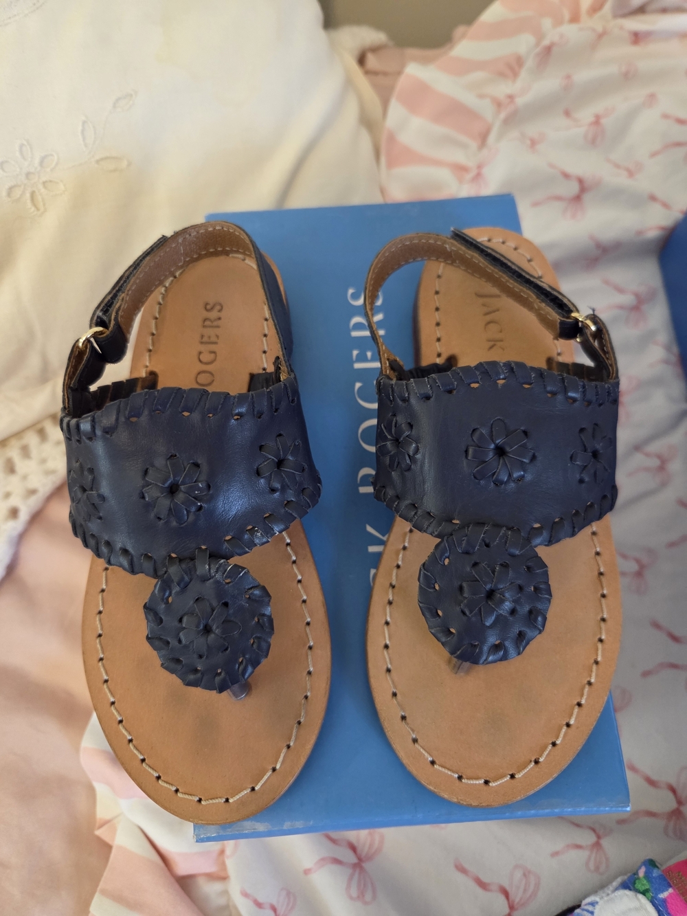 Jack Rogers Navy Leather Girls' T-Strap Sandals with Floral Appliques
